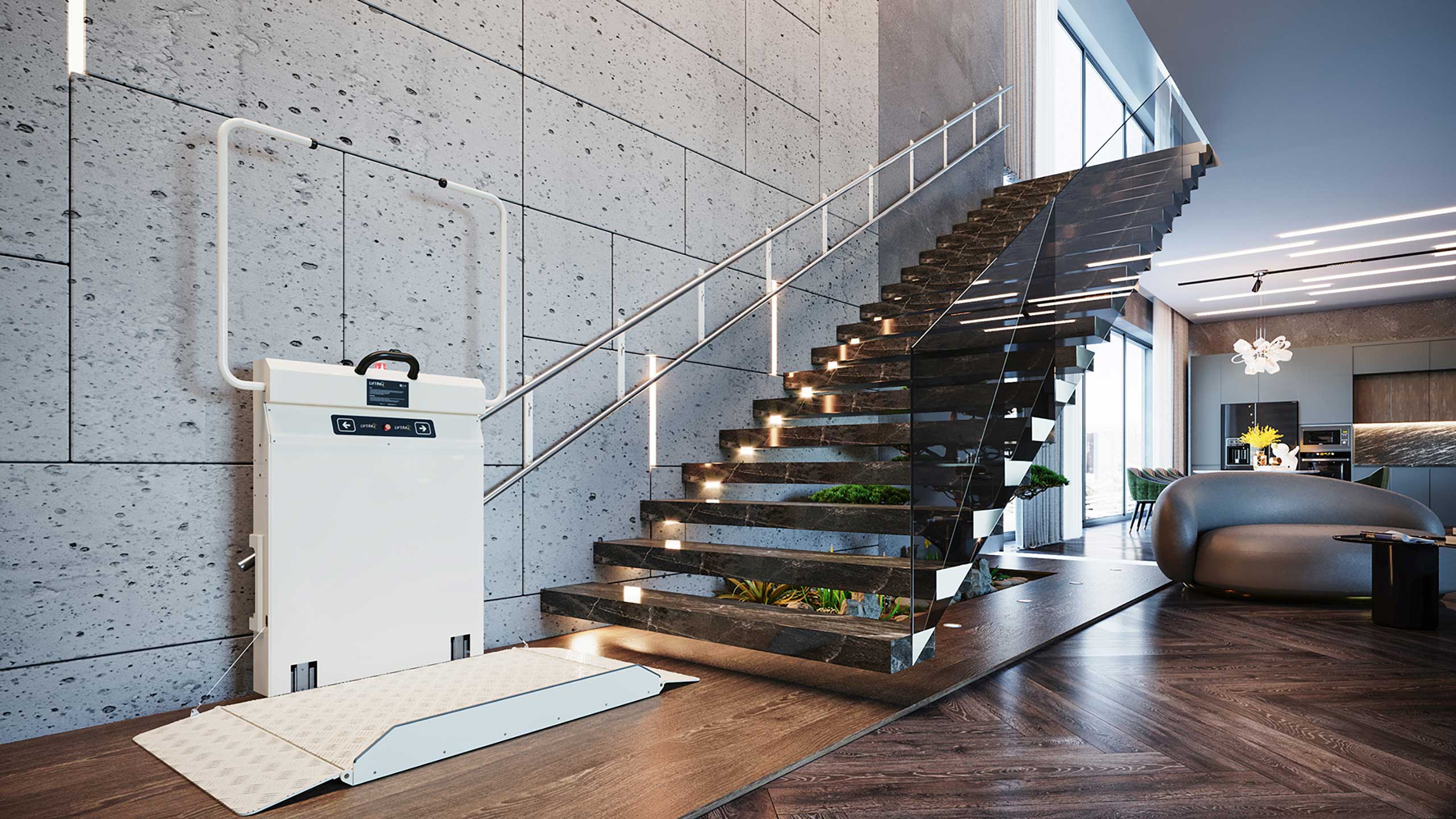 Plataforma salvaescaleras plegada junto a escalera