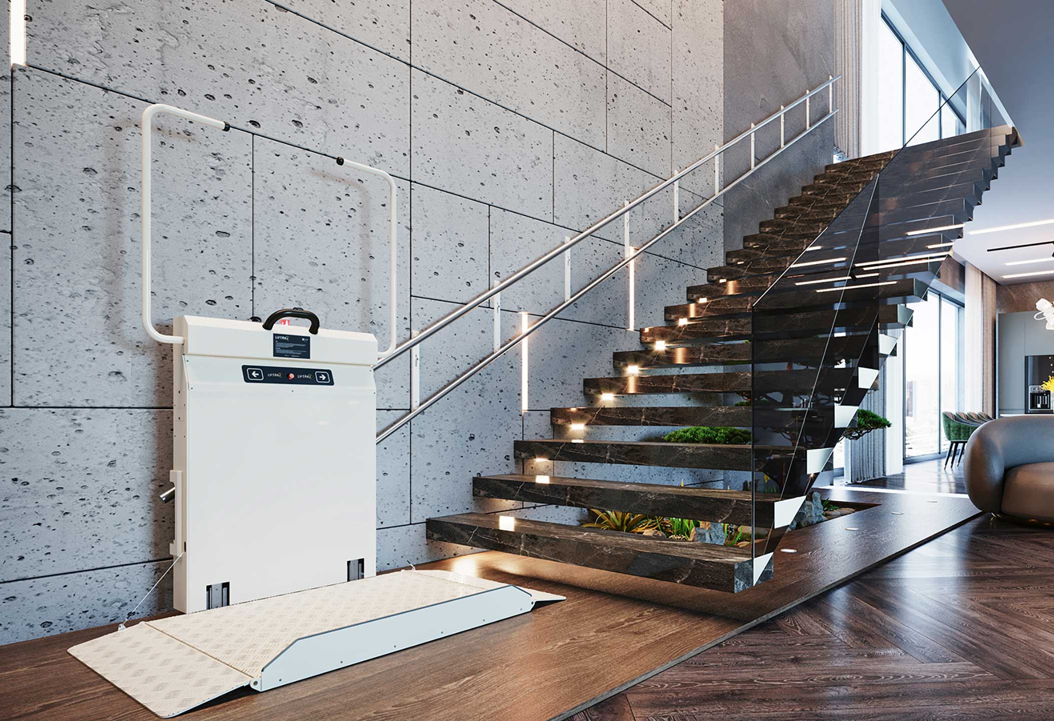 Plataforma salvaescaleras plegada junto a escalera