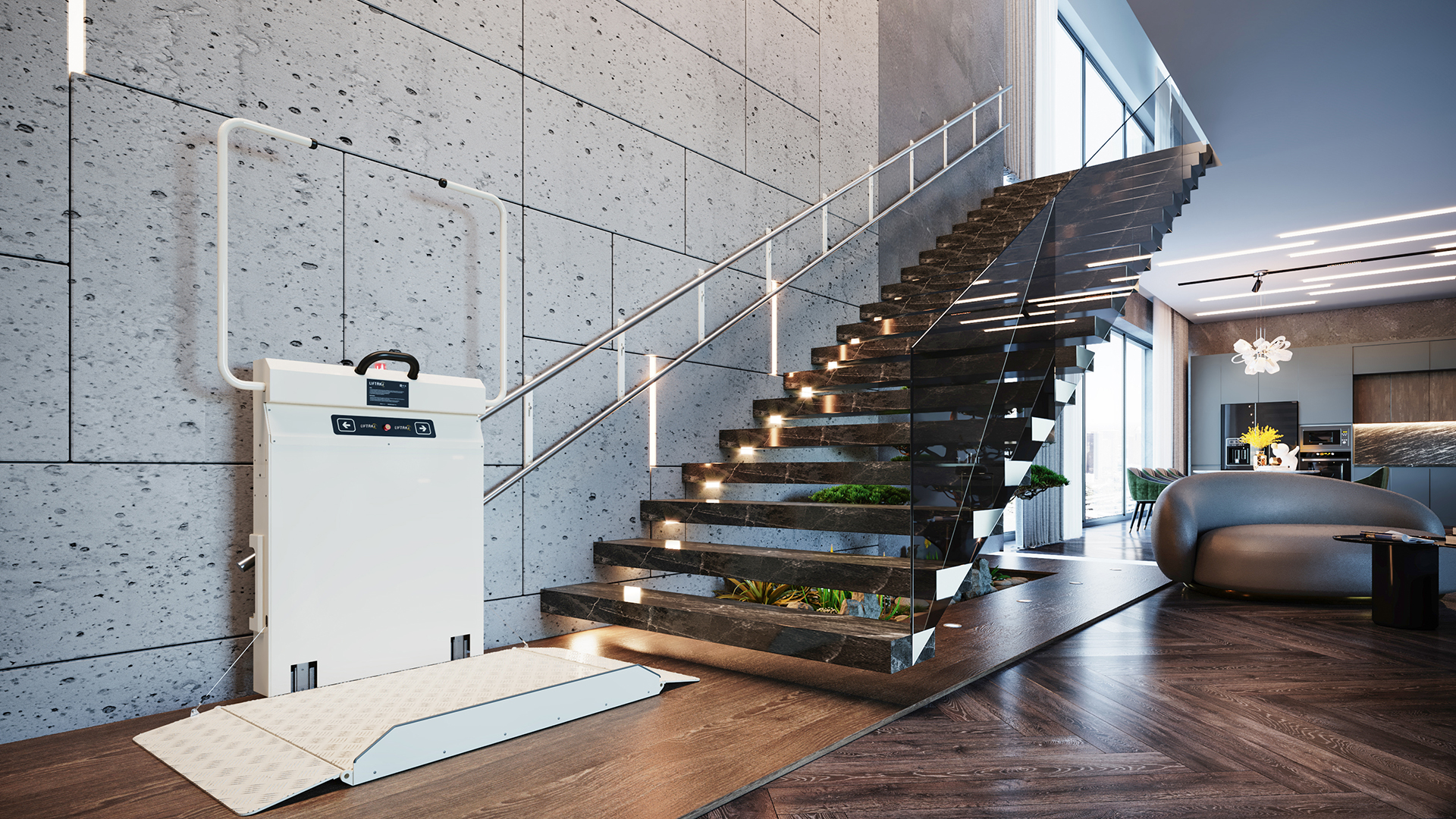 Plataforma salvaescaleras para silla de ruedas instalada en acceso exterior – accesibilidad sin barreras
